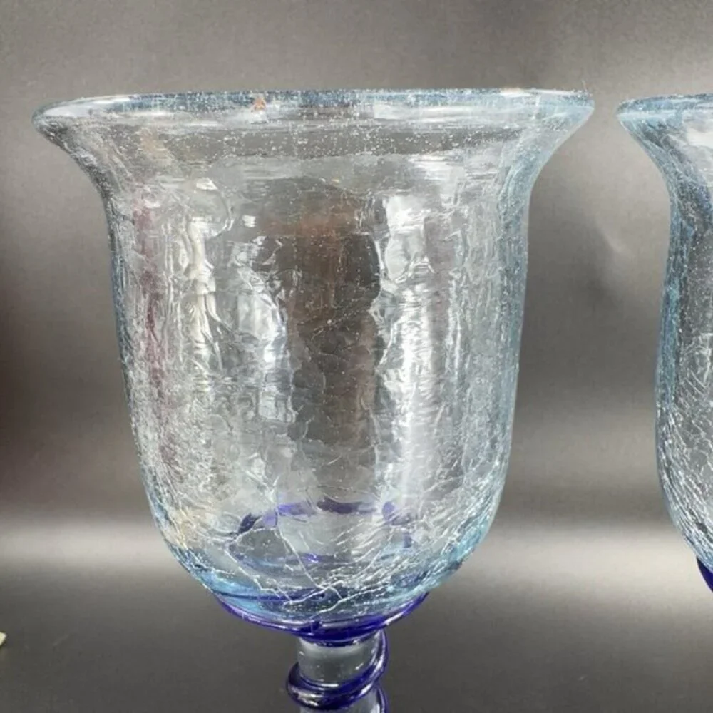 Hand‎ Blown Crackle Glass Goblet Drinking Glasses Set 2 Clear Blue Swirl Goblets